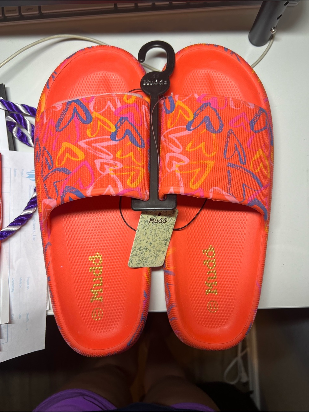 Mudd Girls' Bright Orange Heart-Print Slide Sandals